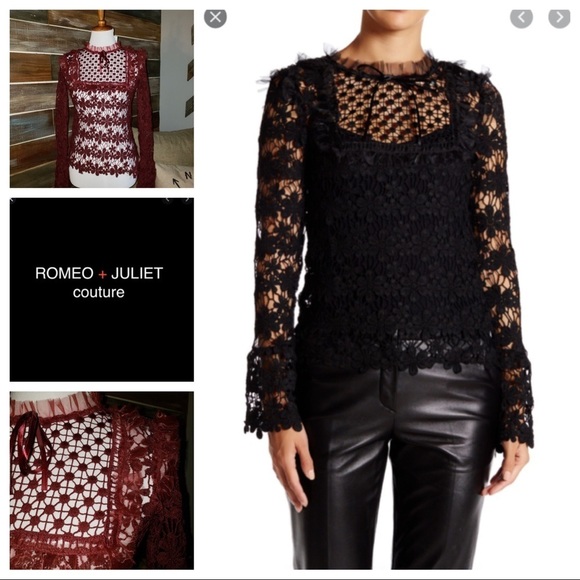 Romeo + Juliet Couture Tops - Romeo Juliet‎ Couture Lace Ruffle Mock Neck Bell Sleeve Top Burgundy Small